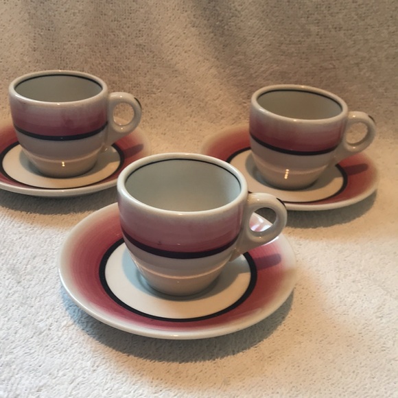 Vintage Mayer China 3 Pink Rim Espresso Demitasse Cups Saucers Beaver Falls Pa - Picture 1 of 10